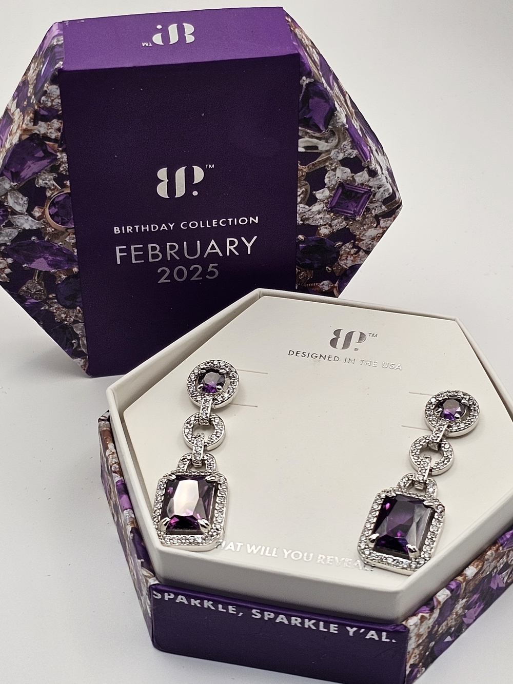 NEW Bomb Party February She's Positively Glamorous Earrings Amethyst on Rhodium